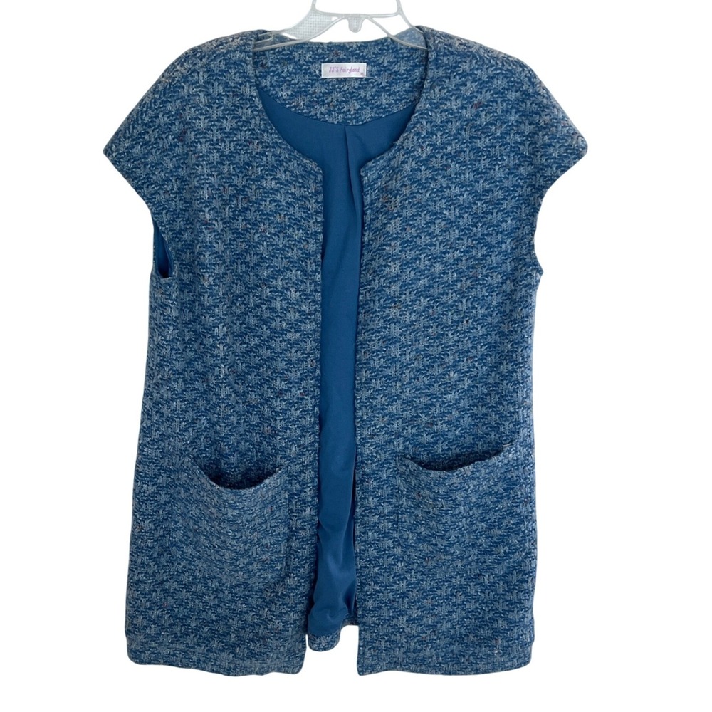 JJ's Fairyland Blue Textured Boucle Knit Longline Open Front Vest Medium